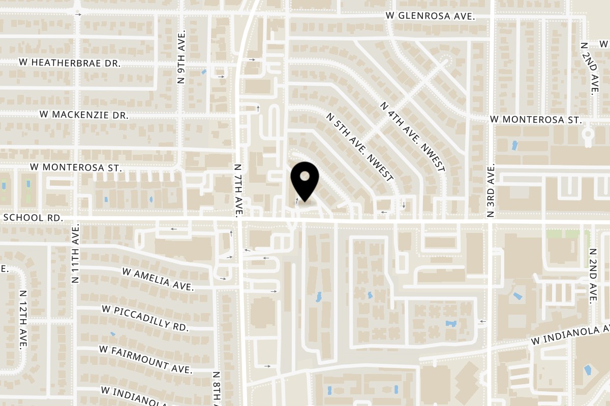 Map showing the location of Thai E-San on 616 W Indian School Rd in Phoenix